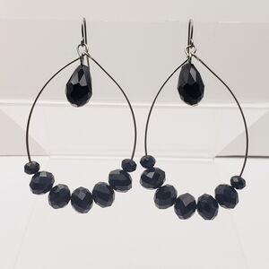 0071 Black Faceted Beaded Dangly Hoop Statement Earrings